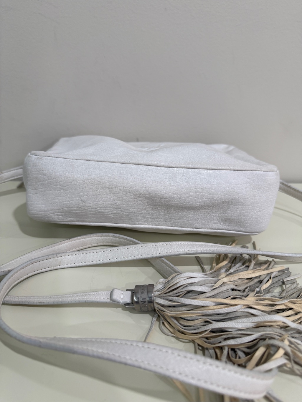 Yves Saint Laurent White Leather Crossbody With Tassel Accent